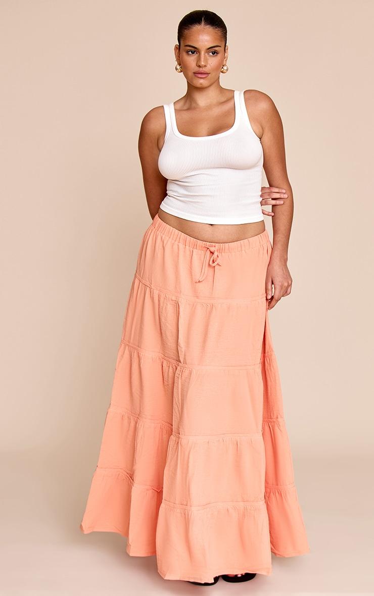 Plus Peach Cotton Tiered Drawstring Waist Maxi Skirt Product Image