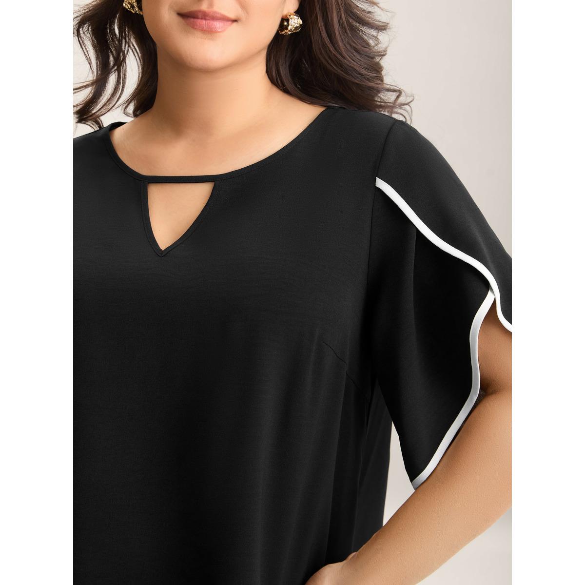 Plus Size Black Color Contrast Petal Sleeve Shirt Women Office Half Sleeve Round Neck Office Blouses BloomChic 14-16/1X Product Image