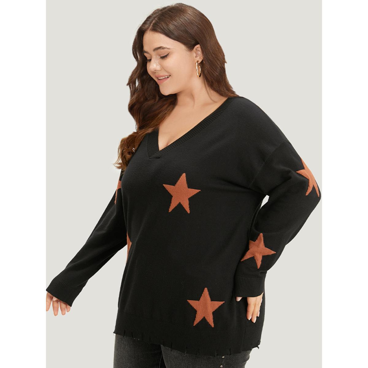 Plus Size Halloween Supersoft Essentials Star V Neck Distressed Hem Pullover Black Women Casual Loose Long Sleeve V-neck Festival-Halloween Pullovers BloomChic 28/5X Product Image
