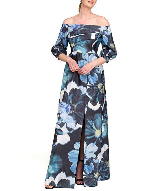 Kay Unger Alison Ots Floral Organza Mikado Off-The-Shoulder 3/4 Bishop Sleeve Pleated Column Gown Product Image