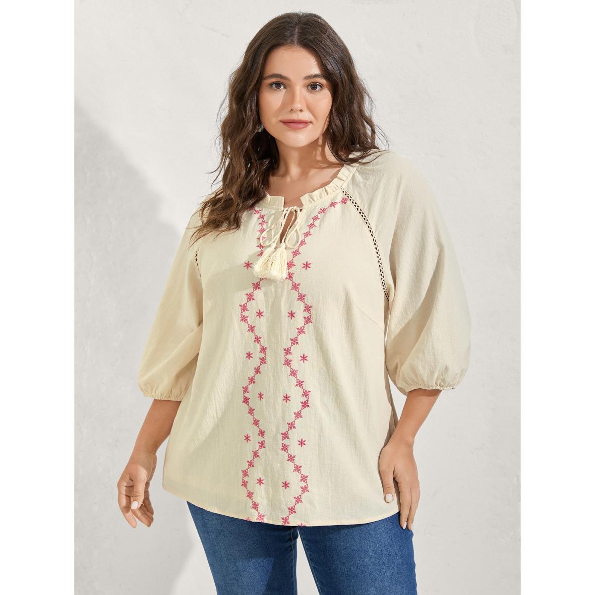 Plus Size Ivory Cotton Lace Embroidered Shirred Neck-Tie Blouse Women Elbow-length sleeve Flat collar with V-notch Vacation Blouses BloomChic 14-16/1X Product Image