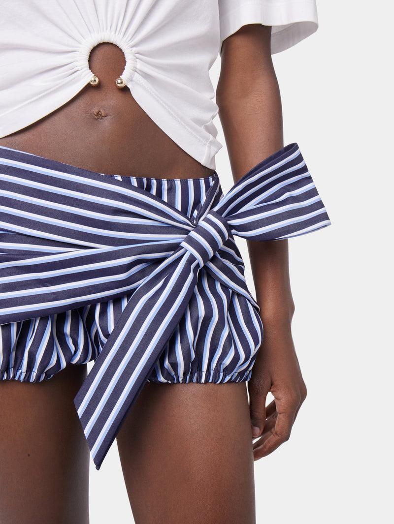 STRIPED WHITE AND BLUE MINI SHORTS IN COTTON POPLIN Product Image
