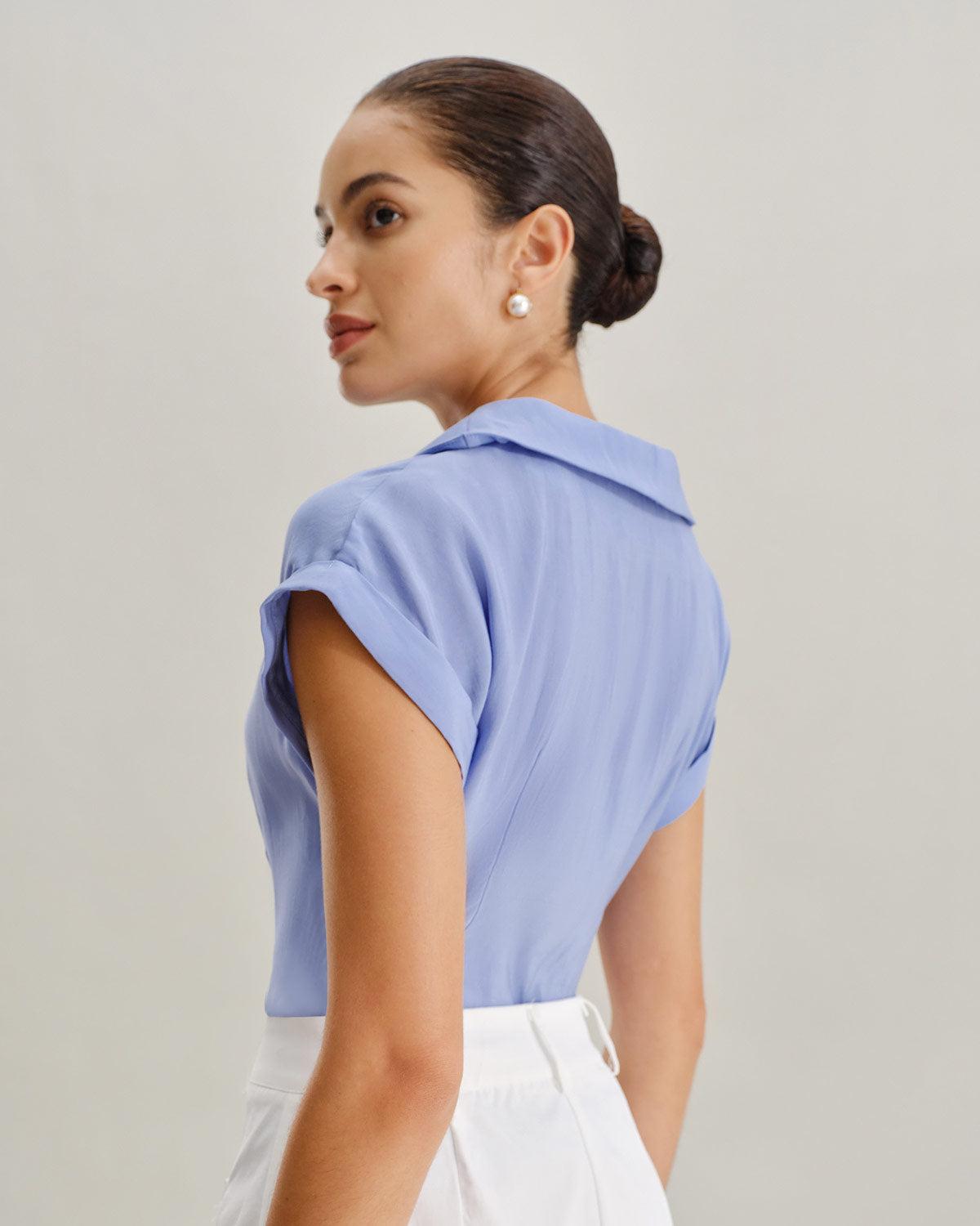Blue Cowl Sleeve Button Shirt Product Image
