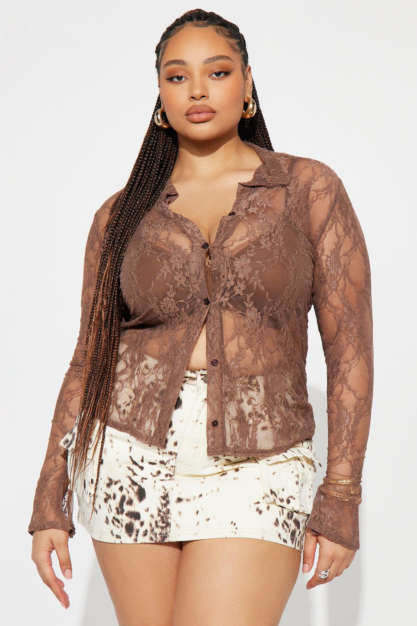 Perfect Blend Lace Long Sleeve Shirt - Mocha Product Image