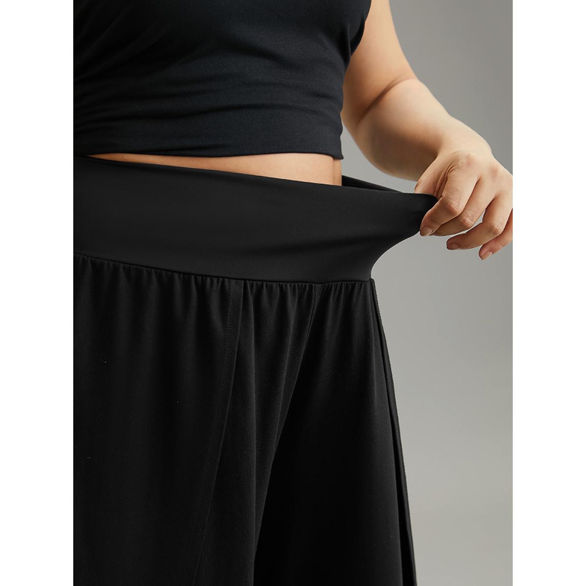 Plus Size Plain Wrap Hem Wideband Waist Wide Leg Pants Women Black Casual Wide Leg High Rise Dailywear Pants BloomChic 18-20/2X Product Image