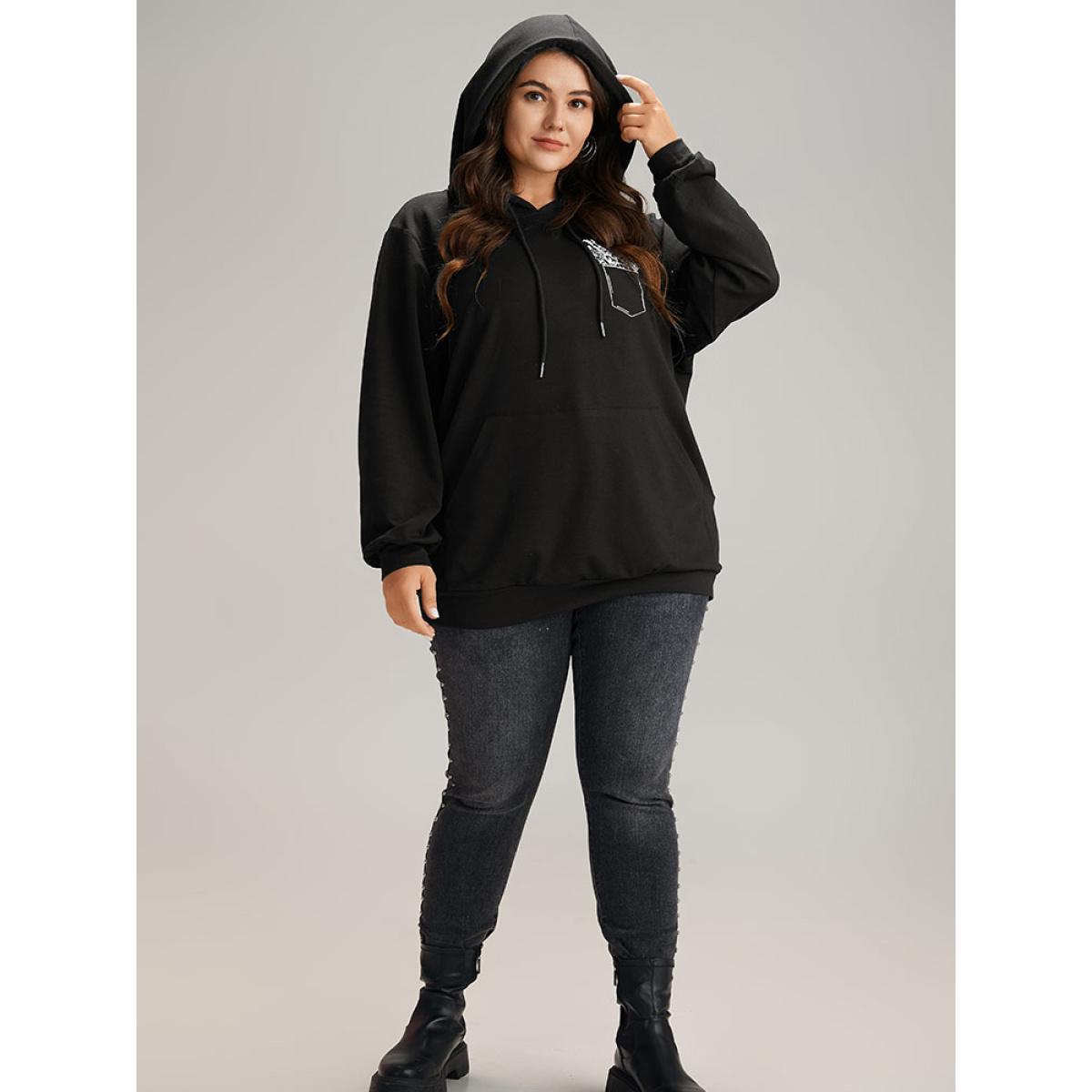 Plus Size Floral Print Pocket Hooded Drawstring Sweatshirt Women Black Casual Elastic cuffs Dailywear Sweatshirts BloomChic 14-16/1X Product Image