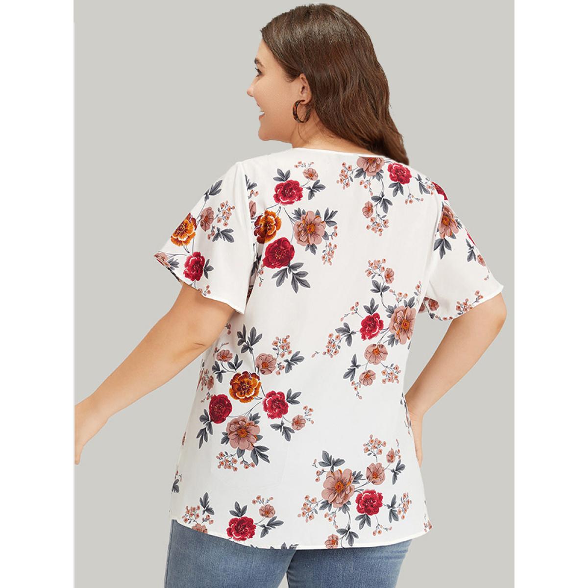 Plus Size White Floral Print High Low Hem Flutter Blouse Women Elegant Short sleeve V-neck Dailywear Blouses BloomChic 10/M Product Image