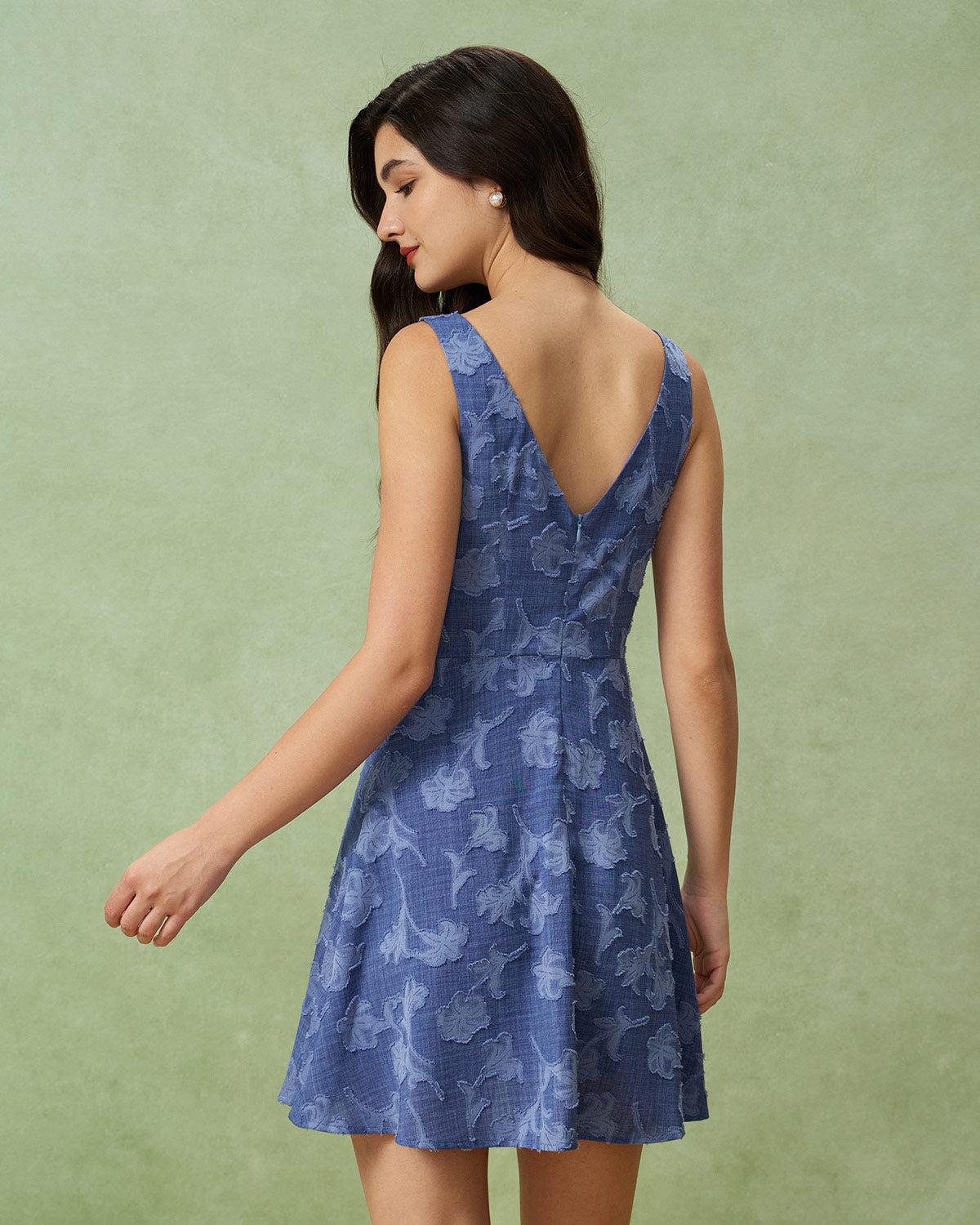 Blue Round Neck Sleeveless Mini Dress Product Image