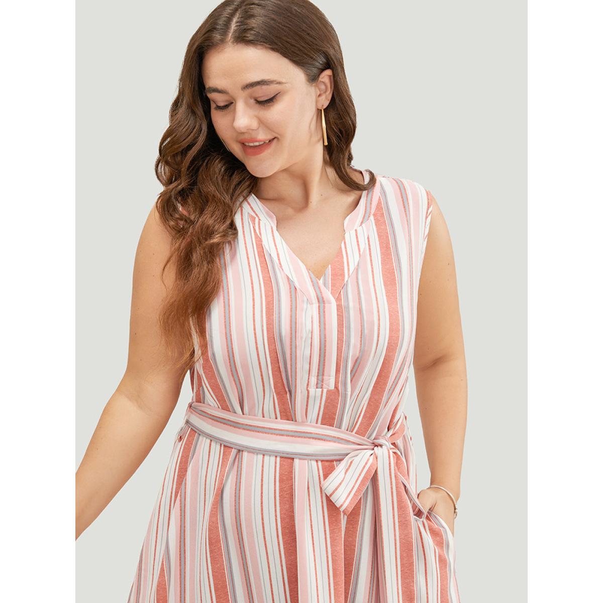 Plus Size Striped Contrast Belted Pocket Notched Tank Dress Multicolor Women Casual Contrast Notched collar Sleeveless Curvy Midi Dress BloomChic 18-20/2X Product Image