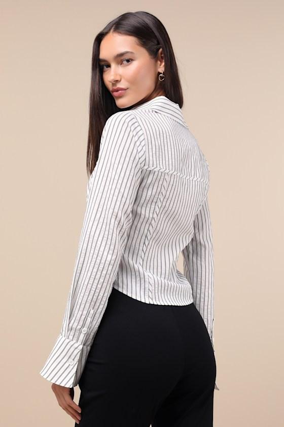 Stylish Choice White and Black Striped Bustier Button-Up Top Product Image