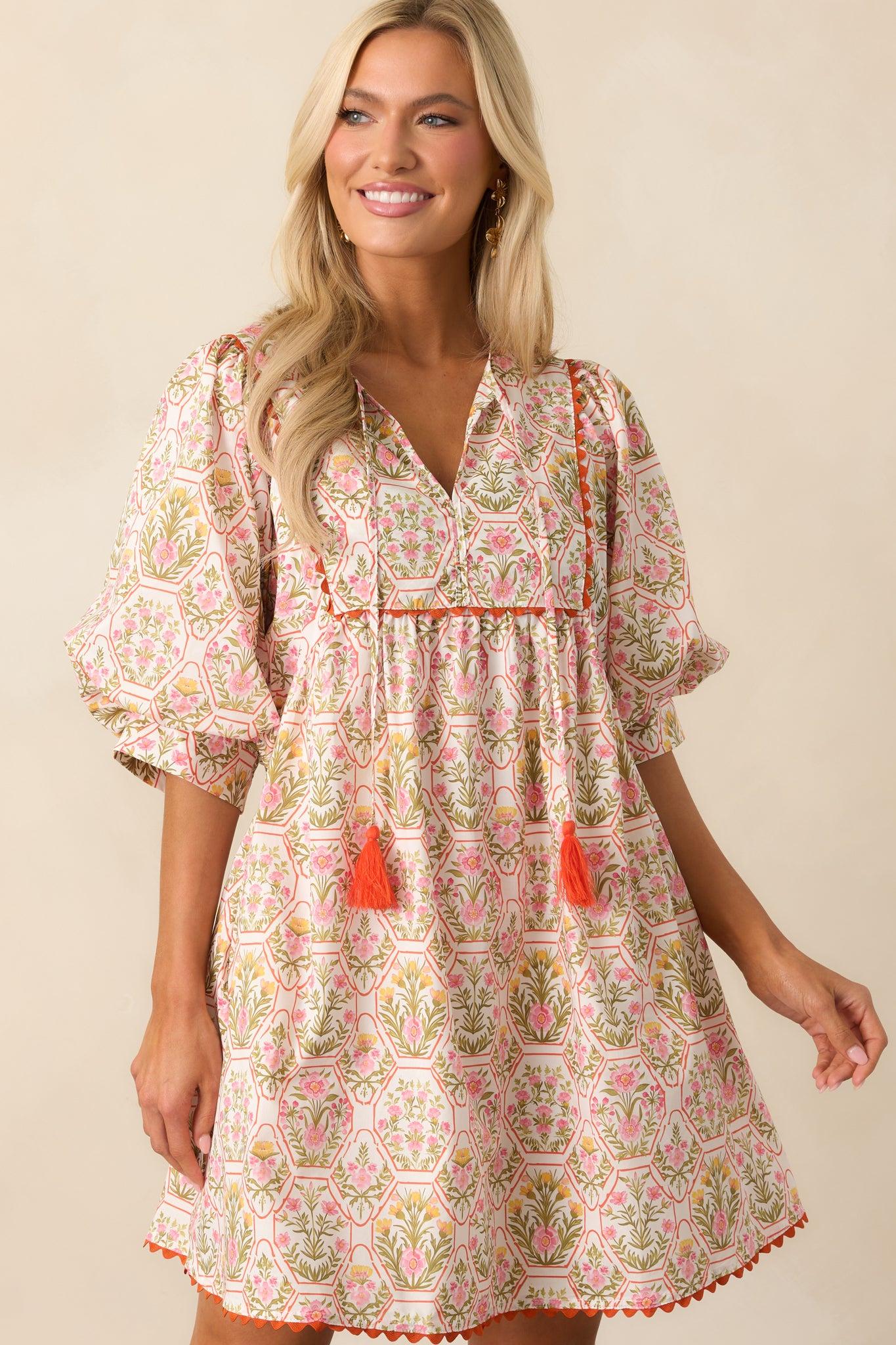 A Little Something Orange Geometric Floral Cotton Mini Dress Product Image