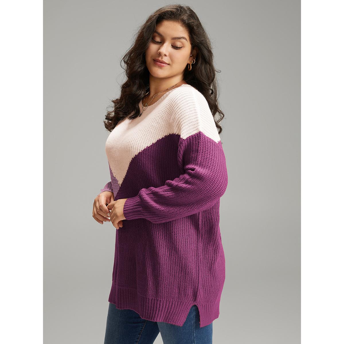 Plus Size Colorblock Split Side Drop Shoulder Pullover RedViolet Women Casual Loose Long Sleeve Round Neck Dailywear Pullovers BloomChic 10/M Product Image