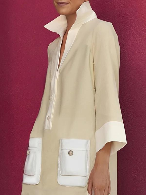 A-Line Loose Buttoned Contrast Color Pockets Stand Collar Mini Dresses Product Image