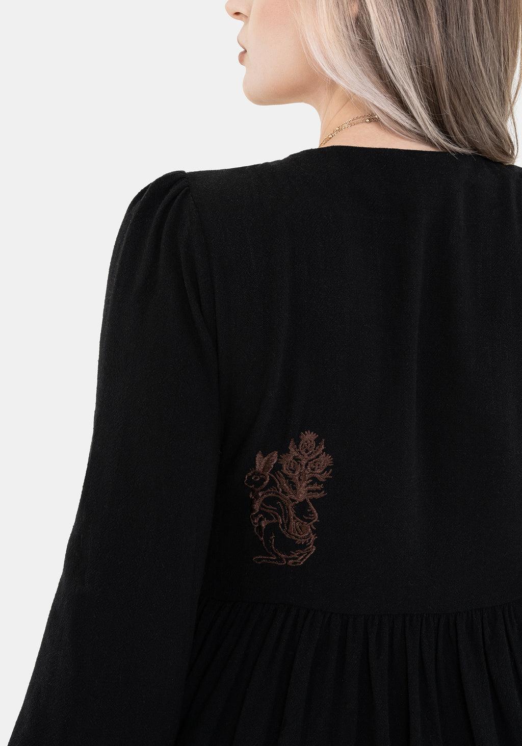 Hexborn Linen-Blend Baba Yaga Embroidered Long Sleeve Mini Dress Product Image