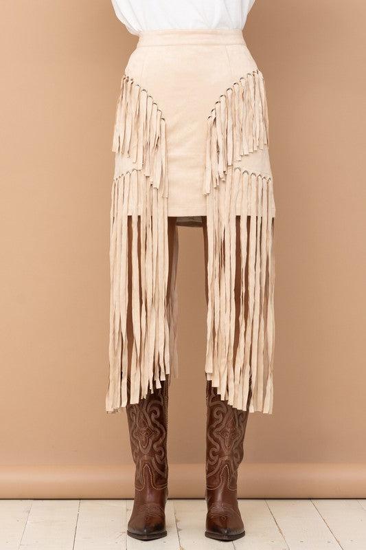 Colette Faux Suede Eyelet Long Fringe Mini Skirt Product Image