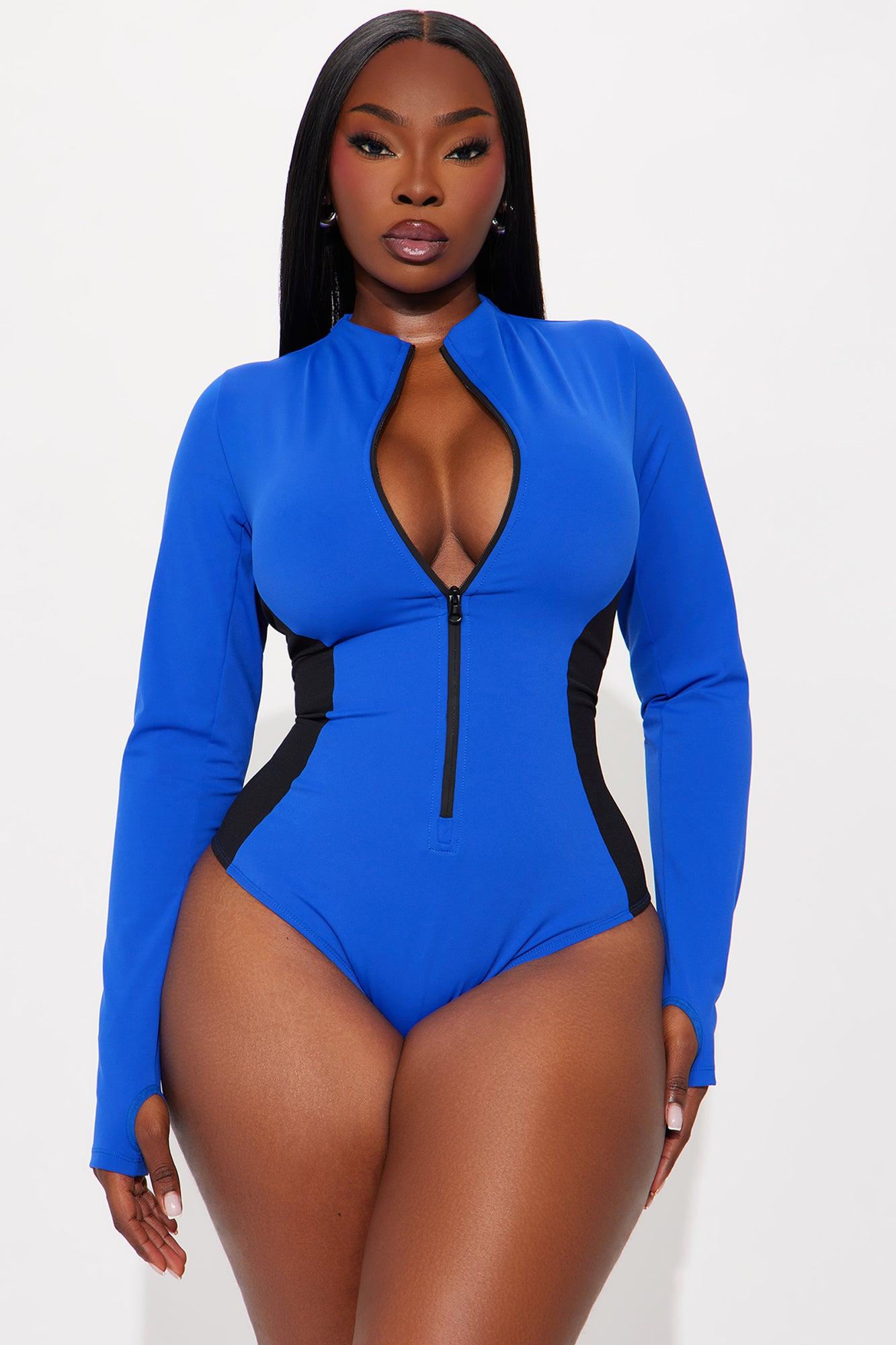 Delvina Snatched Sculpting Lace Up Long Sleeve 1 Piece Swimsuit Rashguard - Royal Female Product Image