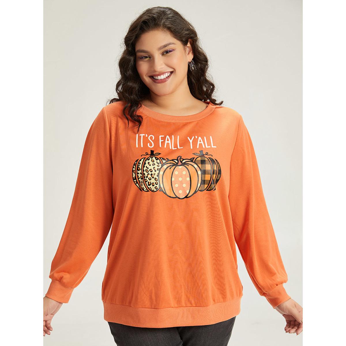 Plus Size Halloween Pumpkin Crew Neck Elastic Cuffs Sweatshirt Women Coral Casual Elastic cuffs Festival-Halloween Sweatshirts BloomChic 28/5X Product Image