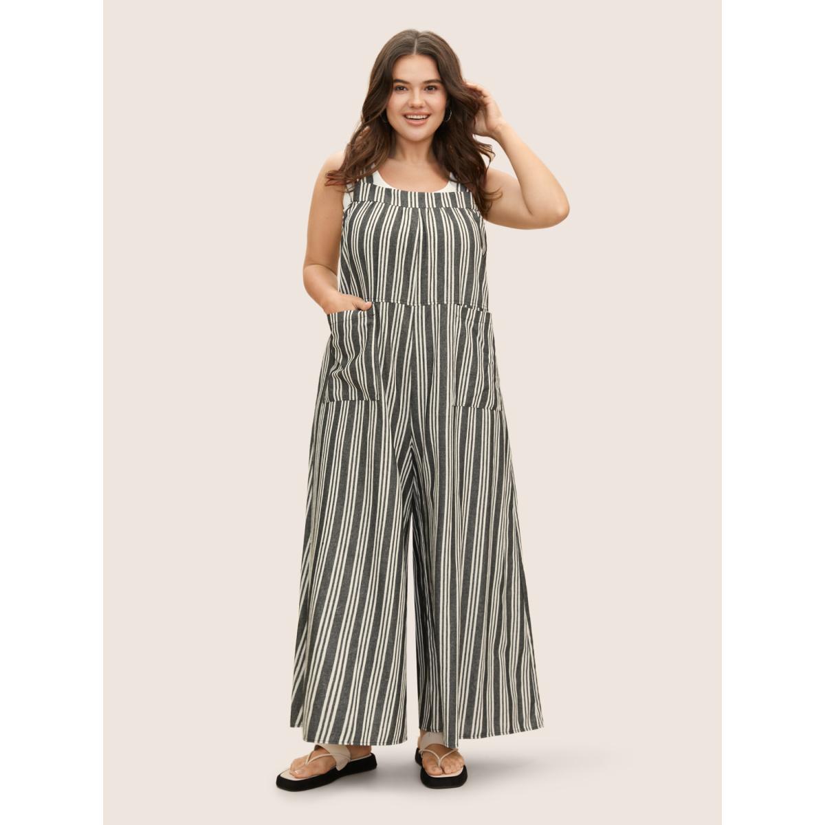Plus Size Black Cotton Striped Patched Pocket Loose Jumpsuit Women Casual Sleeveless Non Everyday Loose Jumpsuits BloomChic 12/L Product Image