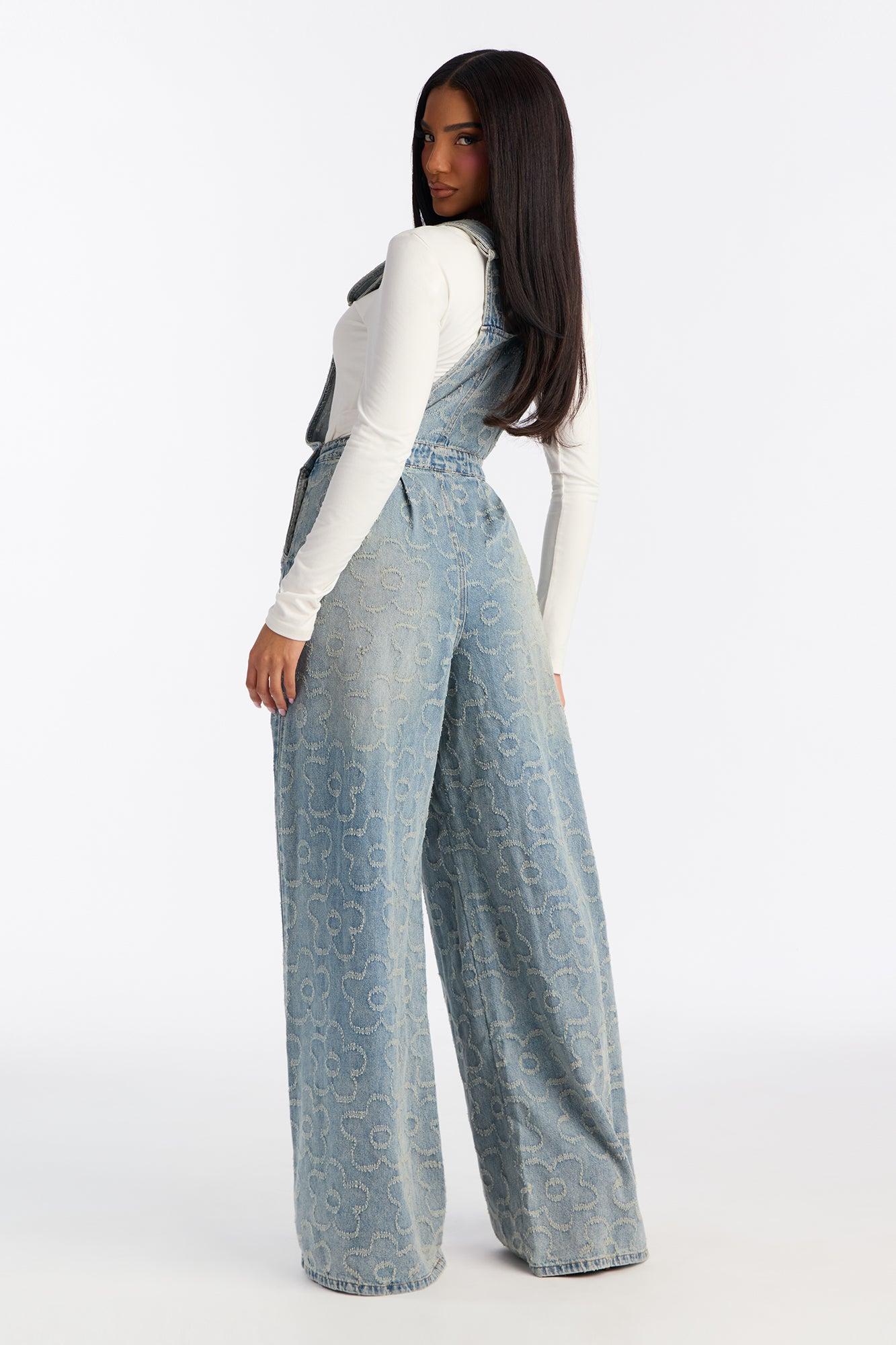 Flower Power Denim Overalls - Medium Wash Female Product Image