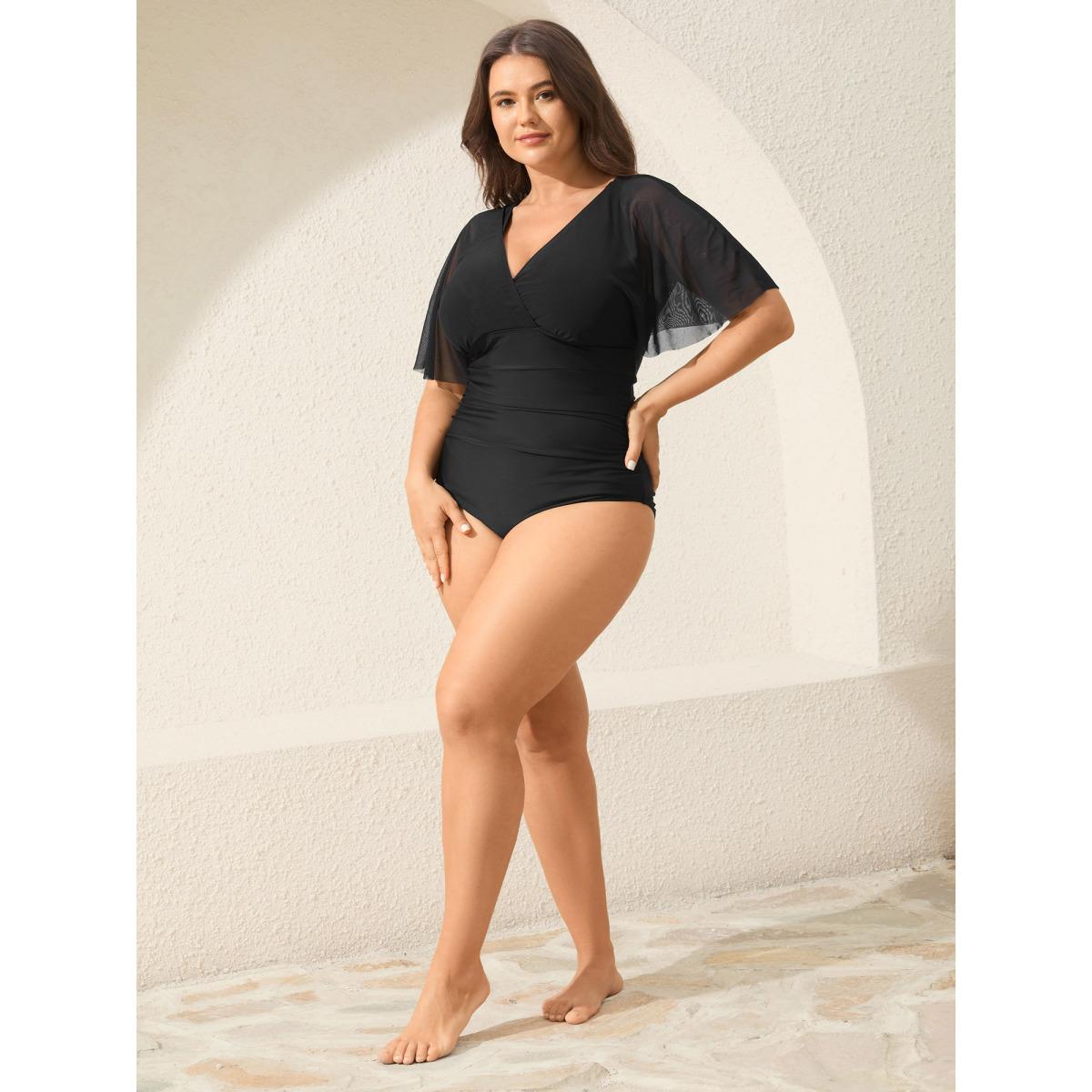 Plus Size Layered Sheer Pleated One-Piece Swimsuit Women's Swimwear Black Beach Gathered Curve Bathing Suits High stretch One Pieces BloomChic 14-16/1X Product Image