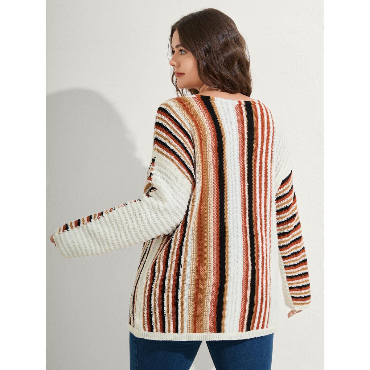 Plus Size Earthy Stripes Drop Shoulder Lightweight Pullover Ivory Women Boho Loose Long Sleeve Boat Neck Vacation Pullovers BloomChic 10/M Product Image