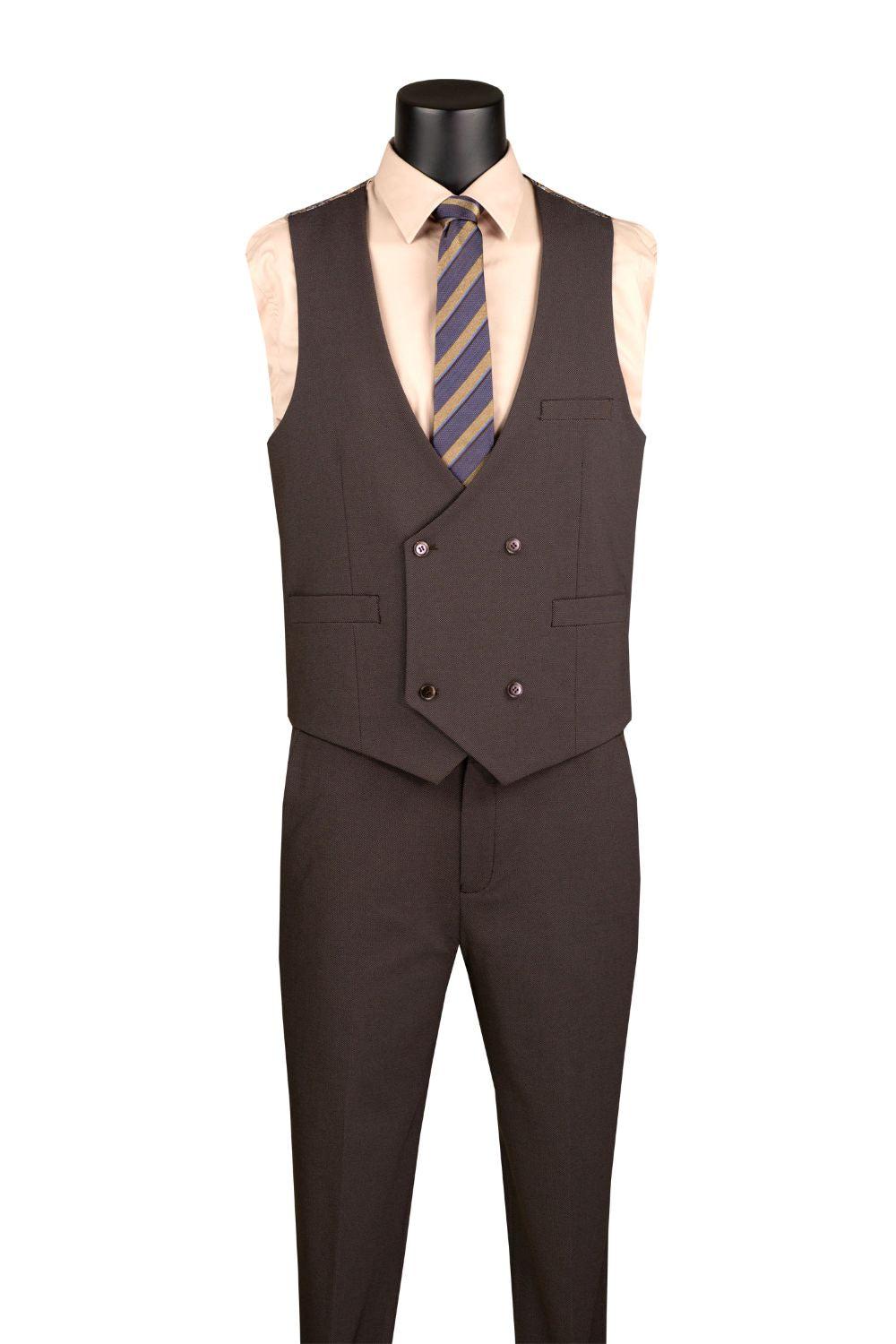 Modern Fit Brown 3 Piece Suit with Vest and Adjustable Waistband Pants Product Image