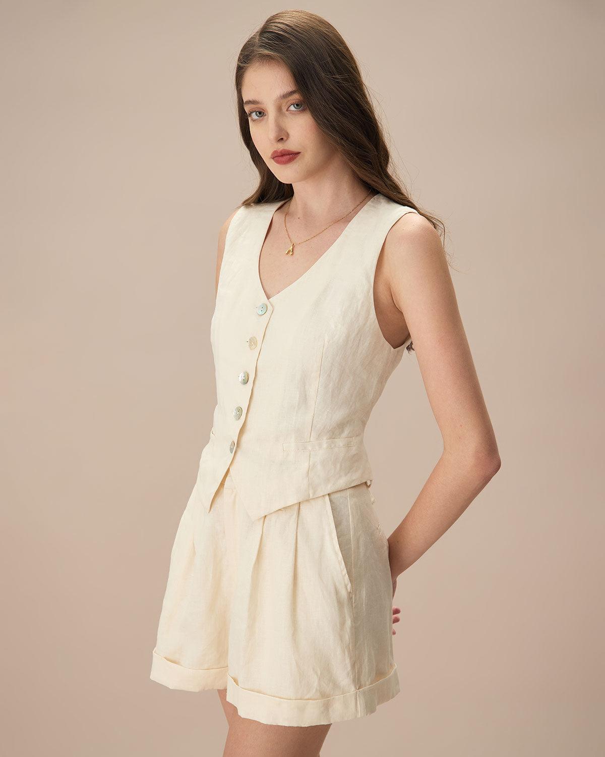 The Apricot V Neck Button-Up Linen Vest Product Image
