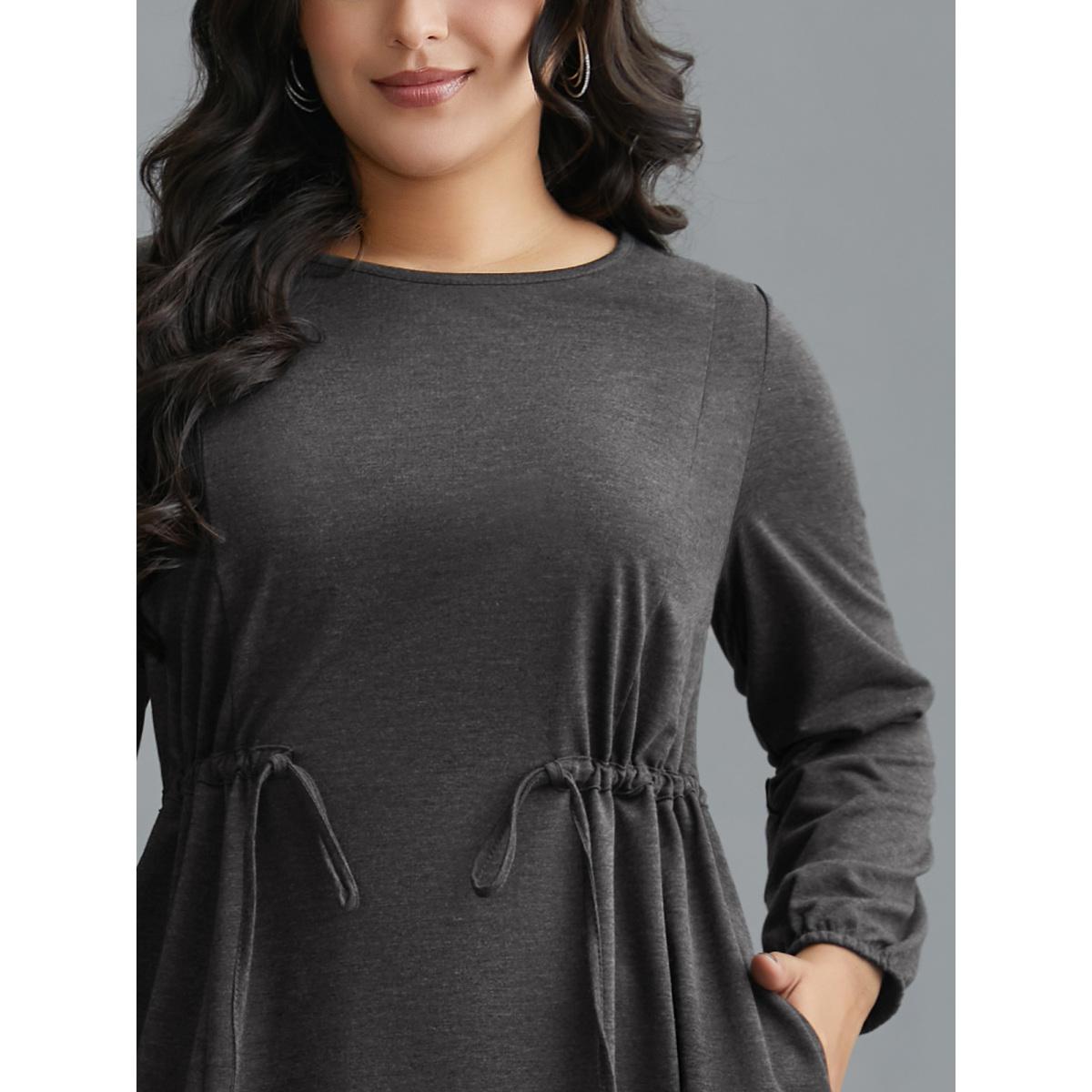 Plus Size Elastic Waist Tie Round Neck Knit Midi Dress DarkGray Women Casual Drawstring Knit Dresses Bloomchic 26/4X Product Image