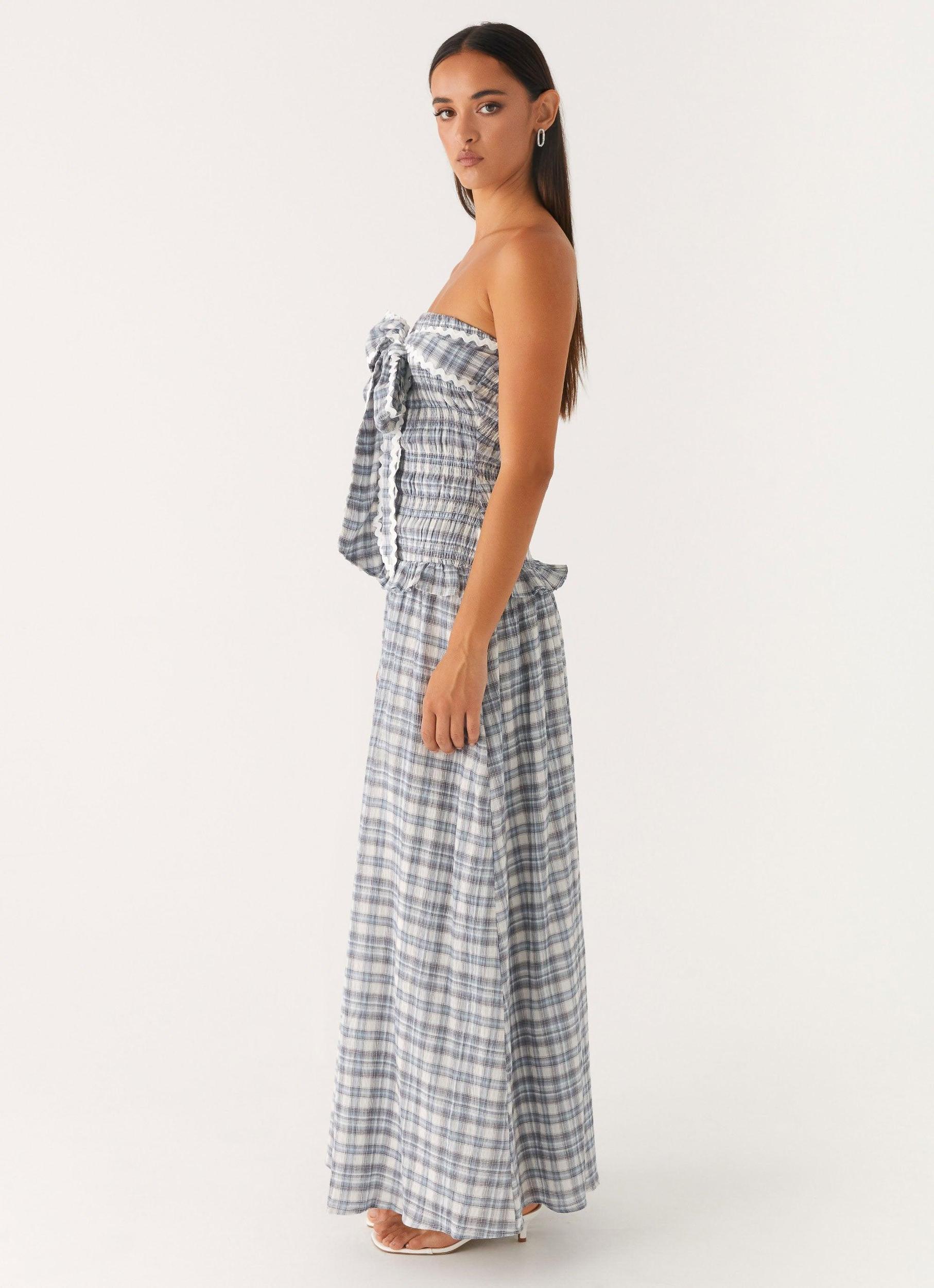 Malia Shirred Maxi Dress - Blue Grey Check Product Image