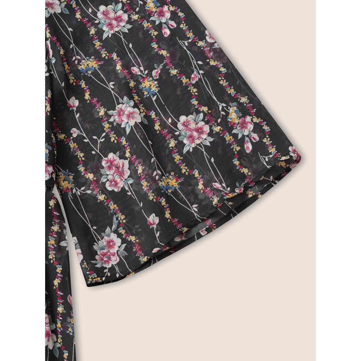 Plus Size Floral Mesh Bell Sleeve Curved Hem Kimono Women Black Elegant Asymmetrical Everyday Kimonos BloomChic 14-16/1X Product Image