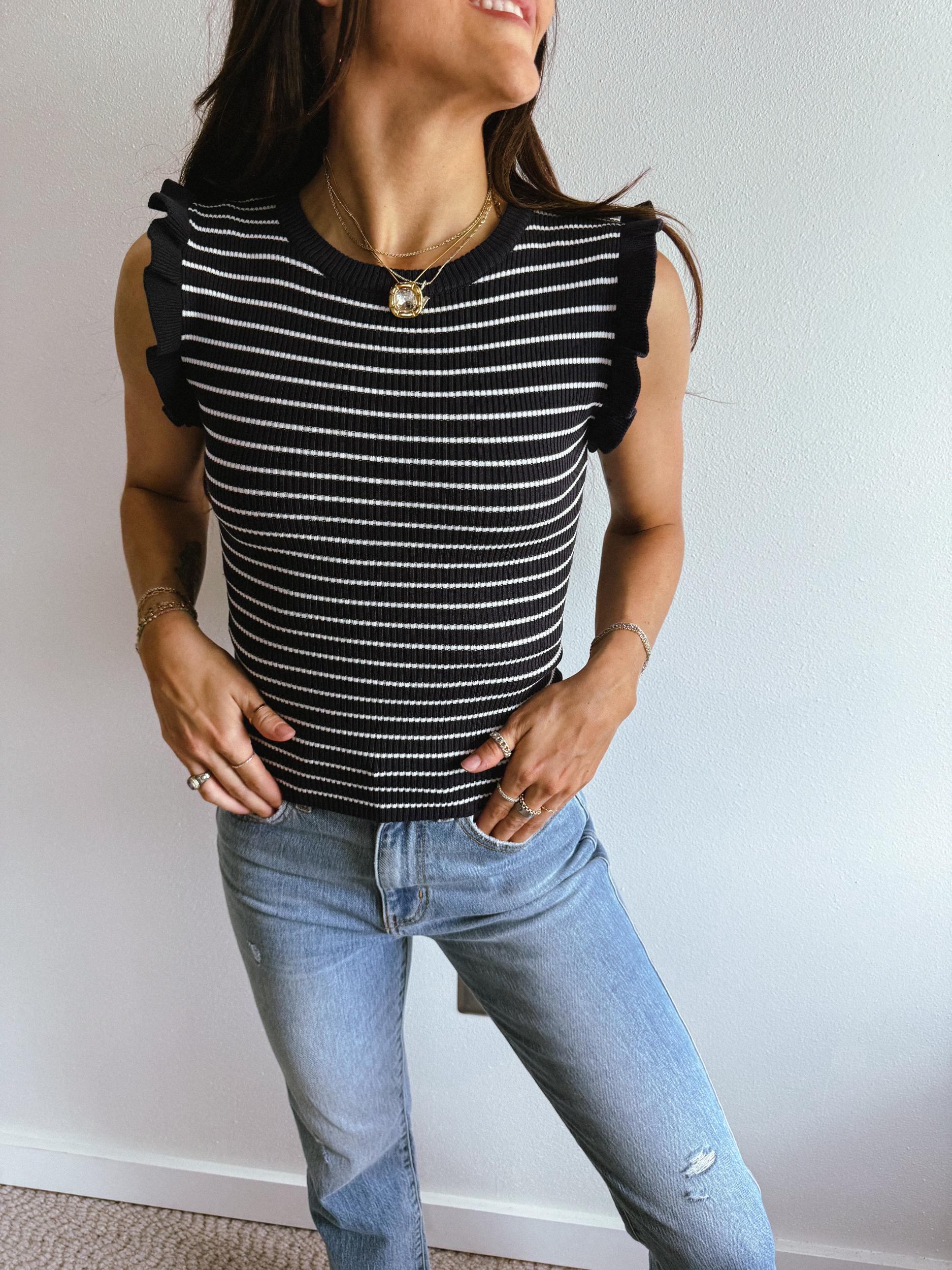 Stripe Ruffle Trim Sleeveless Sweater Tank Product Image