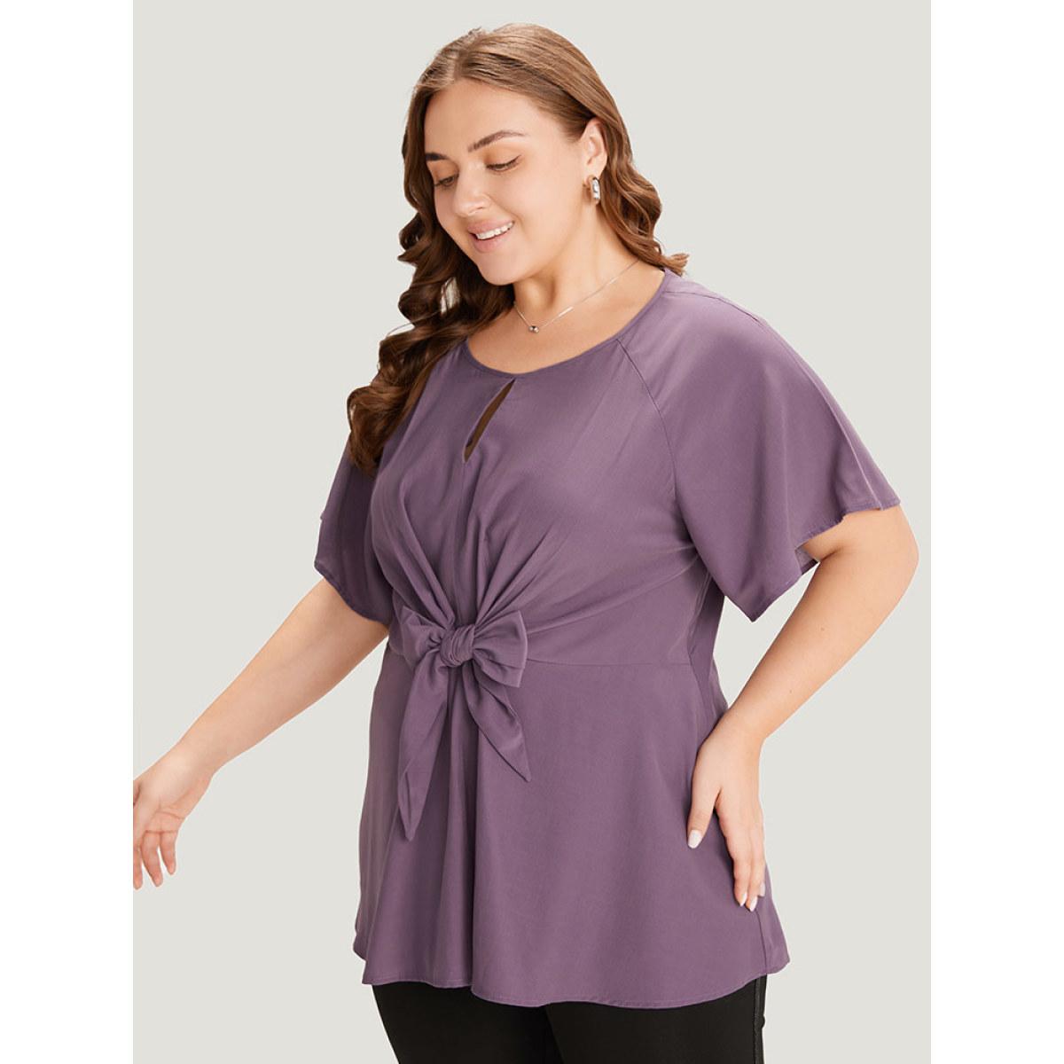 Plus Size Mauve Supersoft Essentials Plain Keyhole Twist Front Ruffle Blouse Women Elegant Short sleeve Round Neck Dailywear Blouses BloomChic 26/4X Product Image