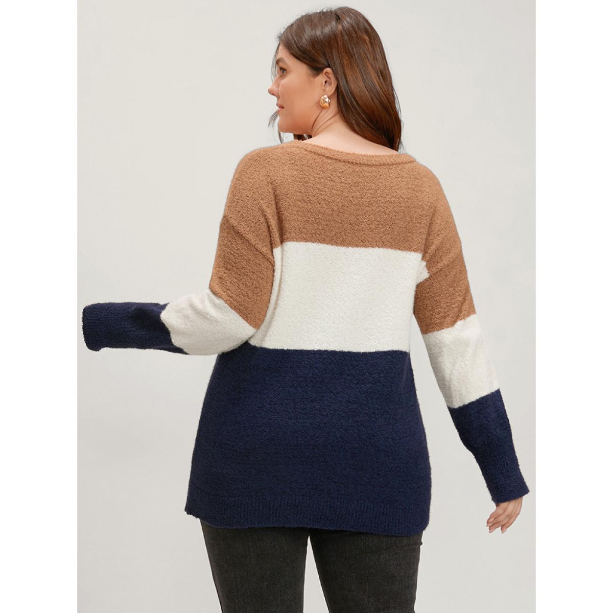 Plus Size Colorblock Contrast Super Soft Knit Round Neck Knit Top Multicolor Women Casual Loose Long Sleeve Dailywear Pullovers BloomChic 12/L Product Image