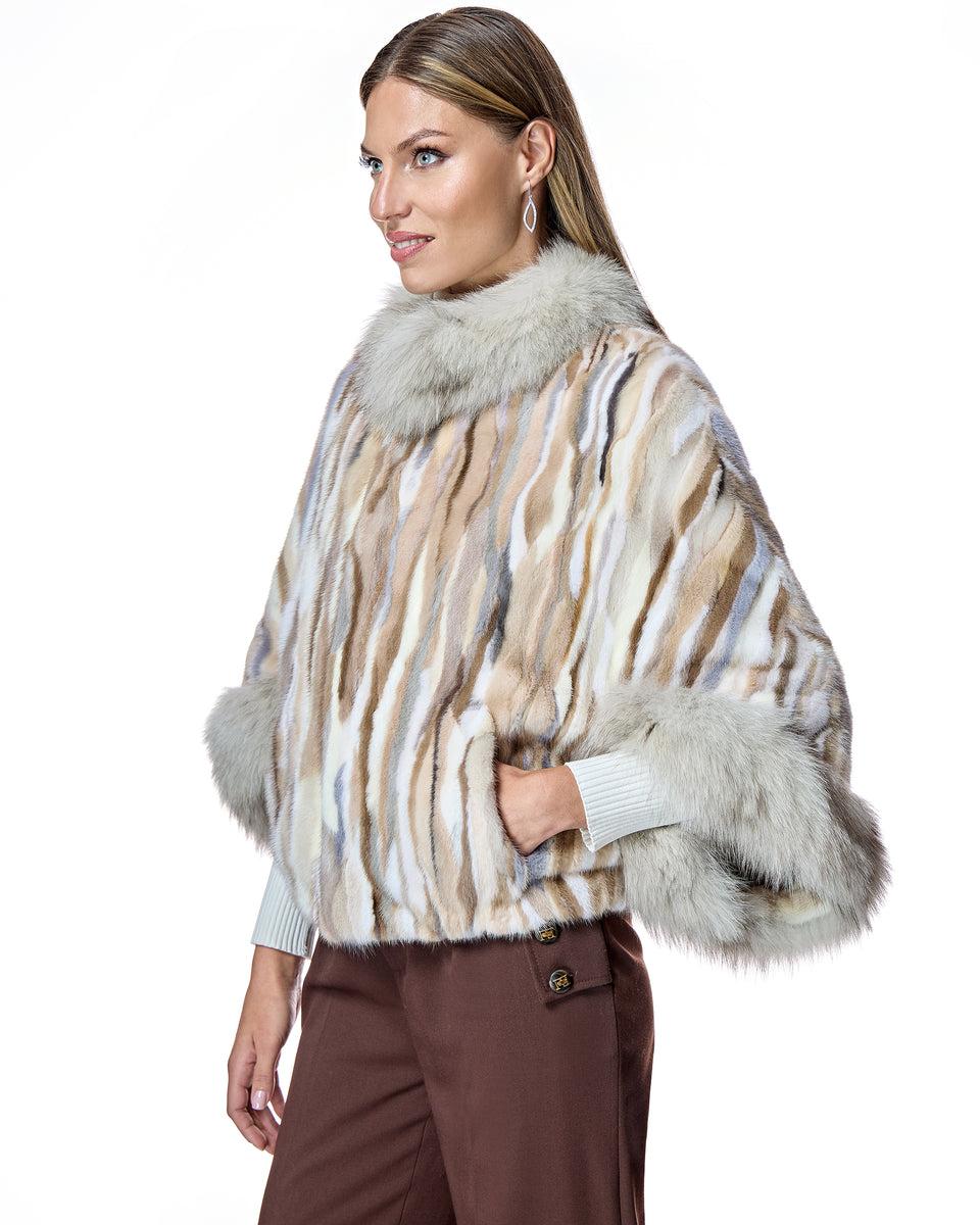 Semi Sheared Mink Section Cape with Fox Trim Product Image