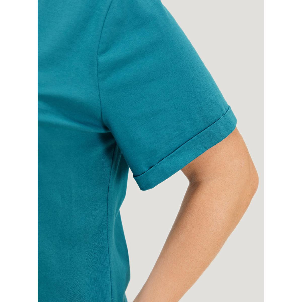 Plus Size Floral & Letter Roll Sleeve T-shirt Cerulean Women Casual Printed Natural Flowers Dailywear T-shirts BloomChic 26/4X Product Image