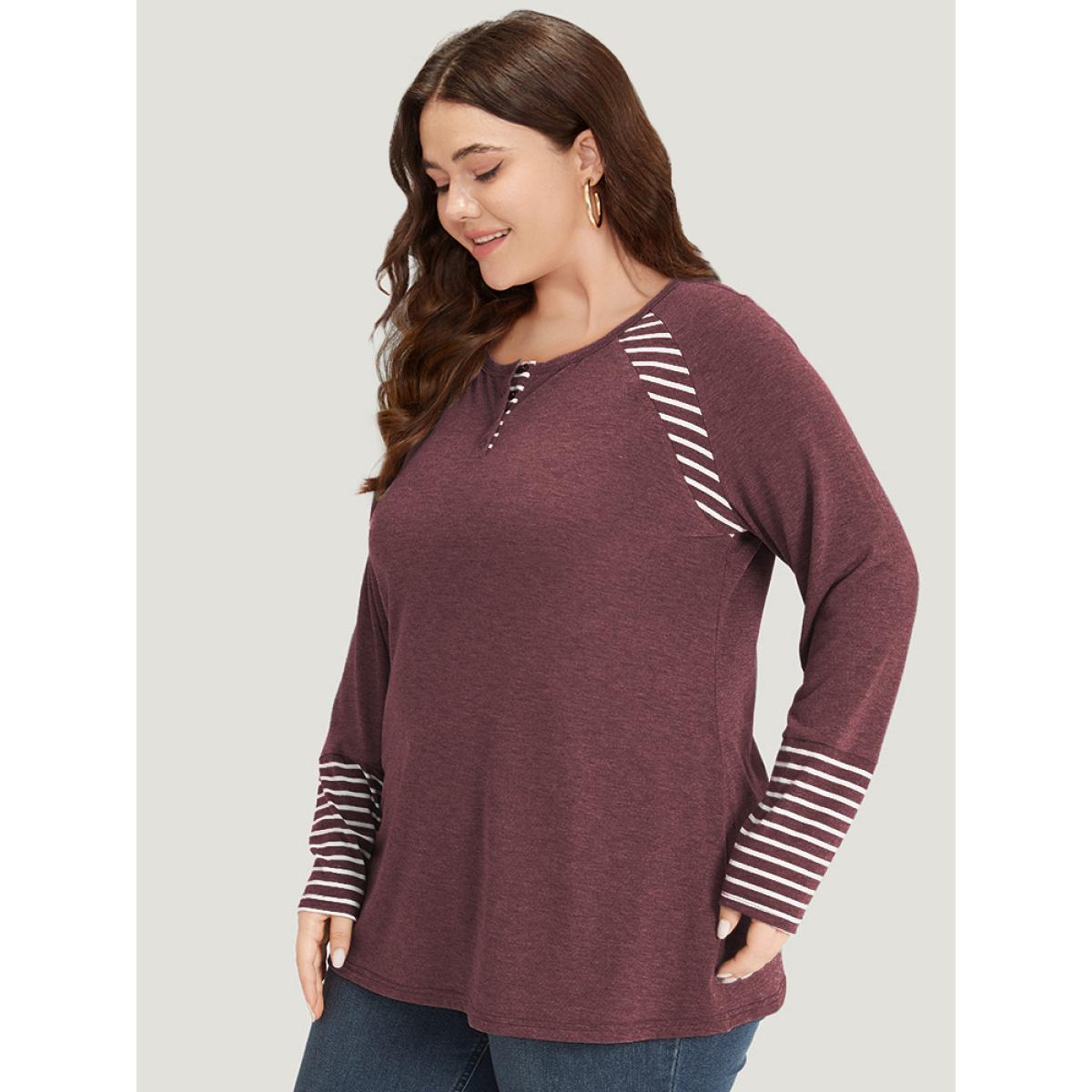 Plus Size Striped Patchwork Button Up Round Neck T-shirt Russet Women Casual Contrast Striped Round Neck Dailywear T-shirts BloomChic 30/6X Product Image