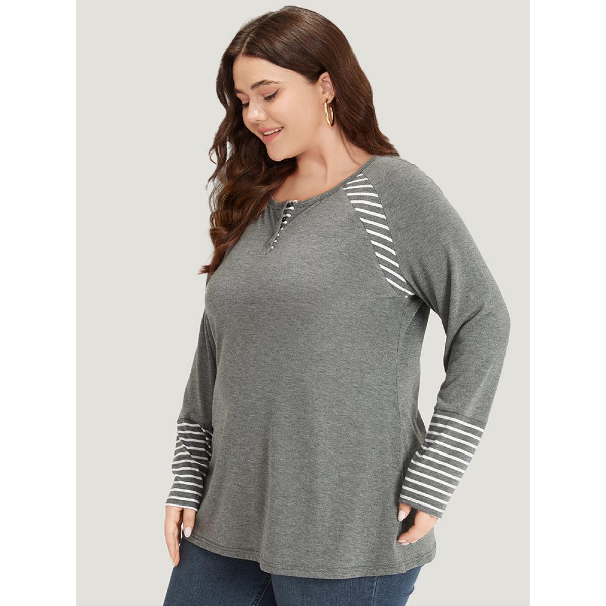 Plus Size Striped Patchwork Button Up Round Neck T-shirt DimGray Women Casual Contrast Striped Round Neck Dailywear T-shirts BloomChic 30/6X Product Image