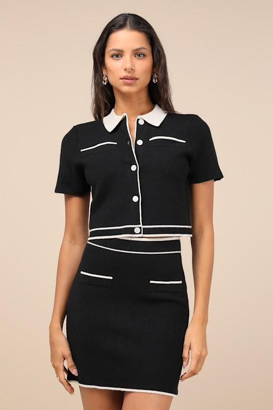 Upscale Look Black and Ivory Knit Collared Two-Piece Mini Dress Product Image
