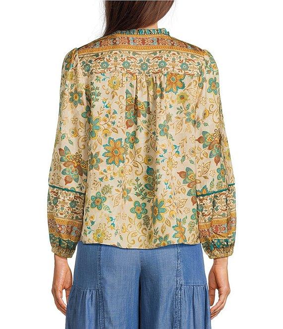 Current Air Floral Ruffled Split Collar Long Sleeve Blouse Product Image