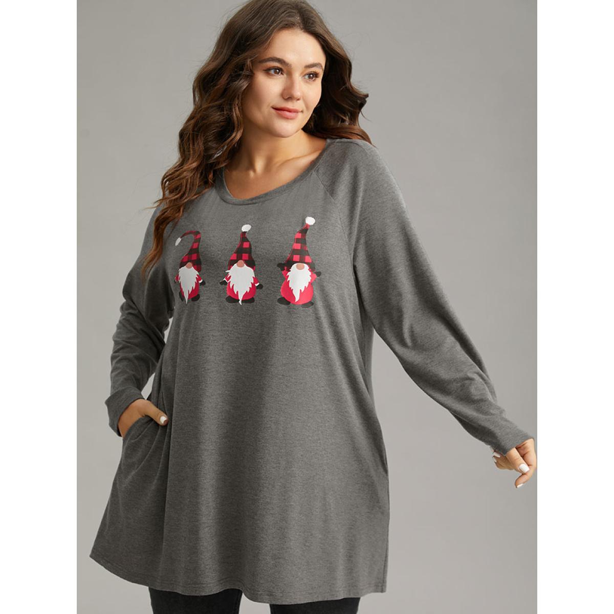 Plus Size Santa Claus Print Long Sleeve T-shirt Gray Women Casual Printed Christmas Dailywear T-shirts BloomChic 18-20/2X Product Image