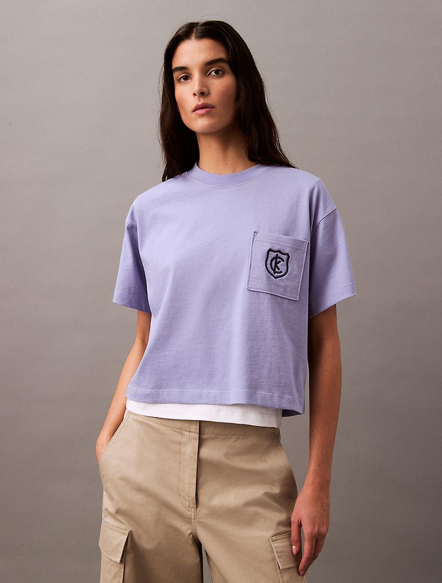 Calvin Klein Womens Monogram Logo Crest Graphic Boxy T-Shirt - Purple Product Image