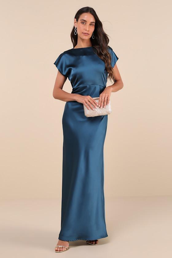 Captivating Presence Dark Teal Satin Cowl Back Maxi Dress Product Image