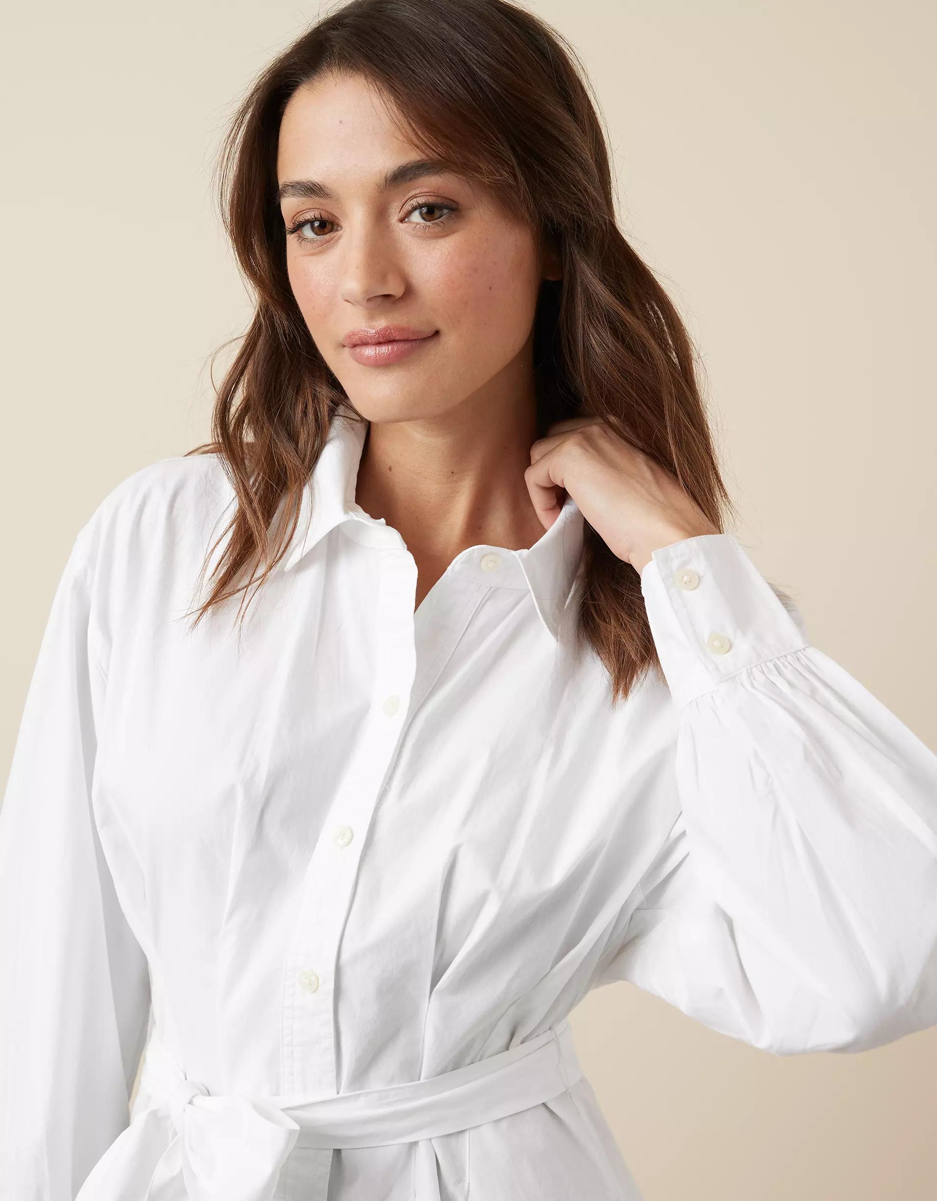 AE Long-Sleeve Pleated Mini Shirt Dress Product Image