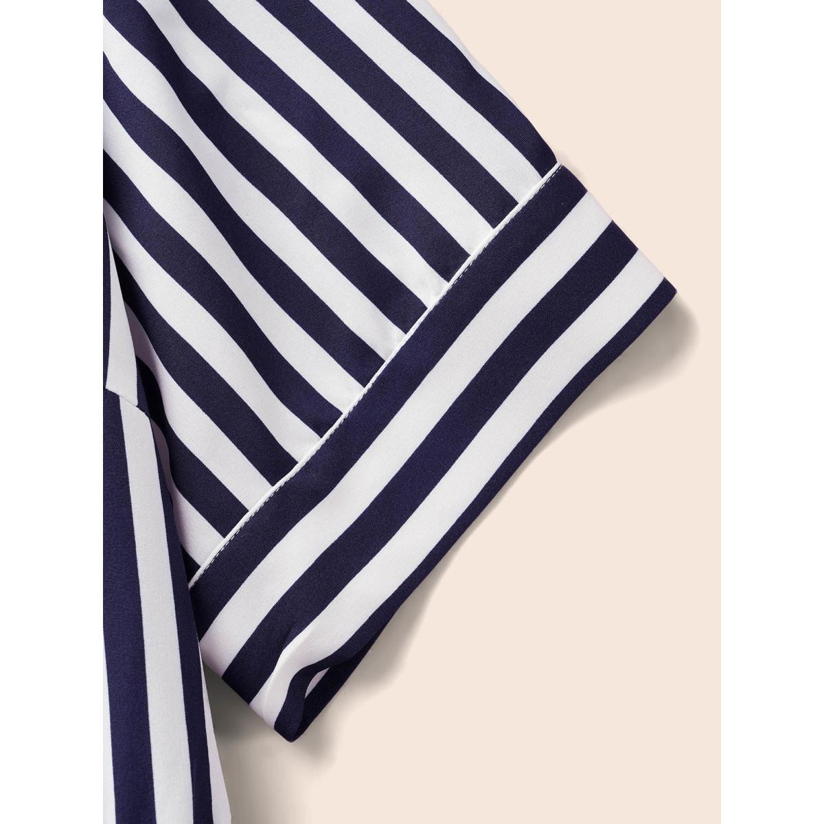 Plus Size Striped Notched Button Detail Midi Dress Navy Women At the Office Button Flat collar with V-notch Half Sleeve Curvy BloomChic 22-24/3X Product Image