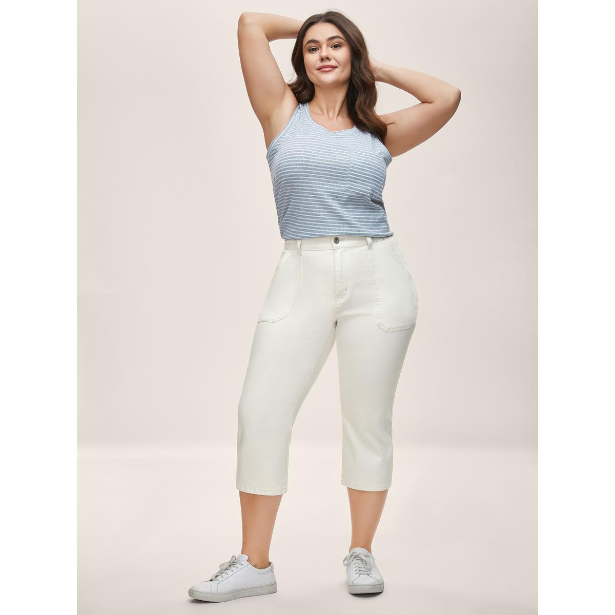 Plus Size Cotton Cropped Straight-Leg Mid-Rise Jeans Women Originalwhite Medium stretch Slanted pocket Jeans BloomChic 24/3X Product Image