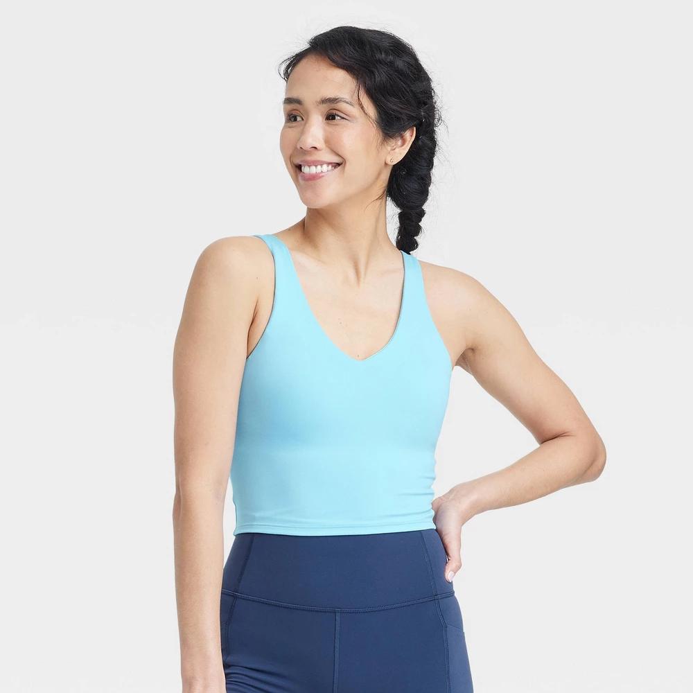 Women's Flex Light Support V Neck Cropped Sports Bra - All In Motion™ Blue S: Built-in Shelf, Removable Cup Product Image