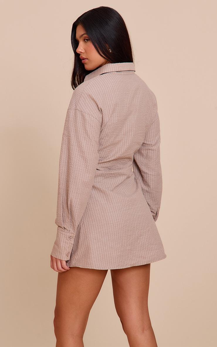 Taupe Pinstripe Seersucker Cinched Waist Shirt Dress Product Image
