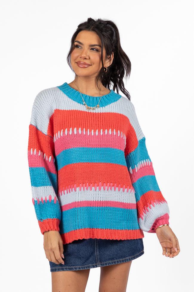 Something Extra Blue Multi Stripe Chunky Knit Stitch Detail Sweater FINAL SALE Product Image