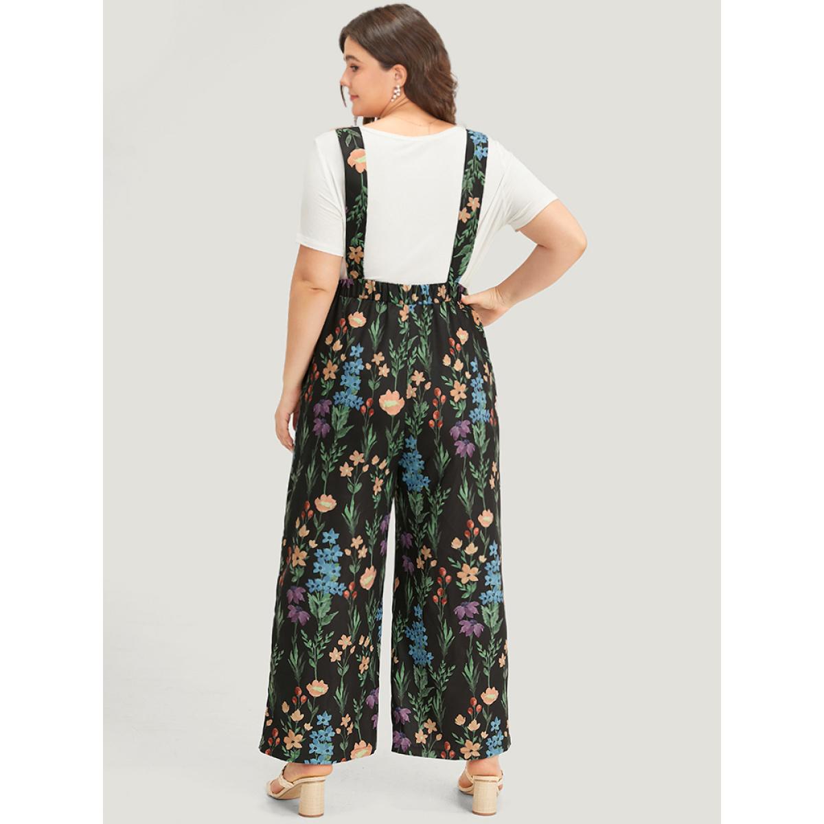 Plus Size Navy Floral Pocket Adjustable Straps Gathered Jumpsuit Women Elegant Sleeveless Spaghetti Strap Dailywear Loose Jumpsuits BloomChic 22-24/3X Product Image