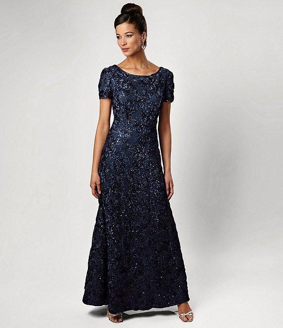 Alex Evenings Sequin Floral Lace Ribbon Rosette Round Neck Short Sleeve Gown Product Image